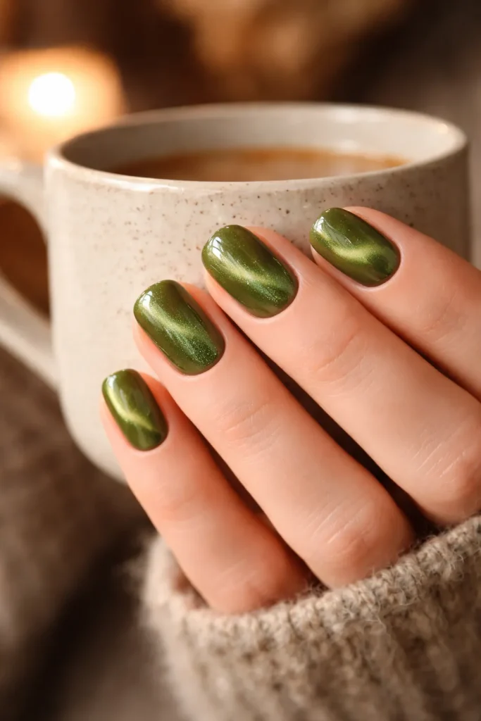 Warm olive green cat eye nails with golden magnetic highlights.