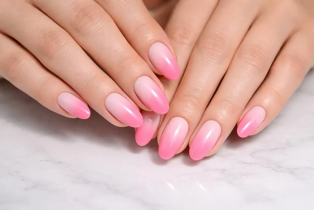 White to pink ombre birthday nails on a marble background