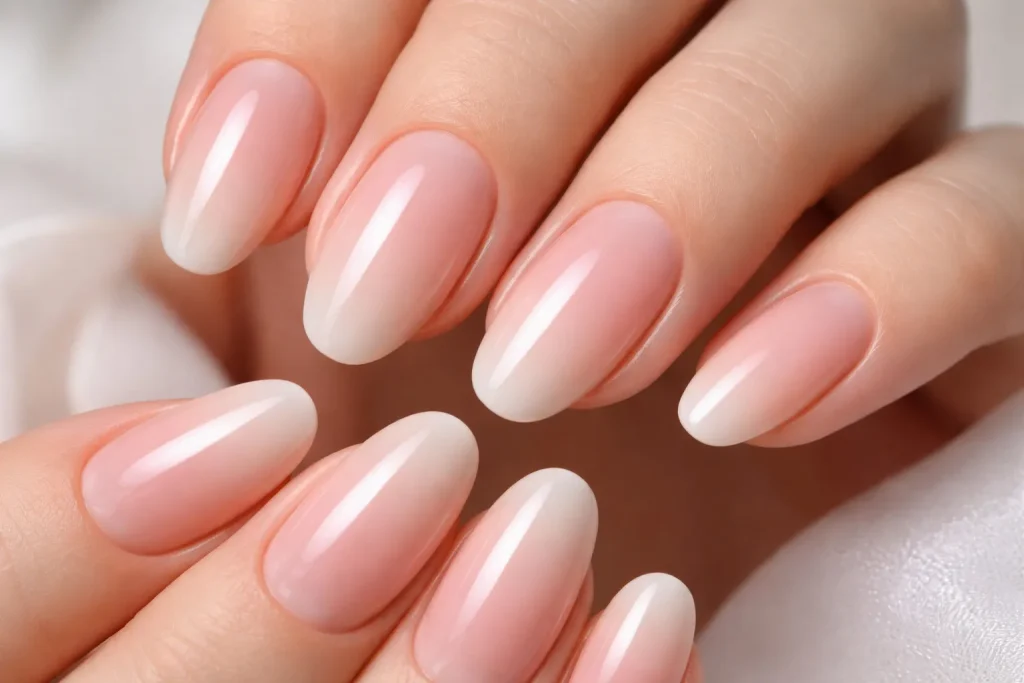 Subtle ombre nail design fading from nude to pale pink.