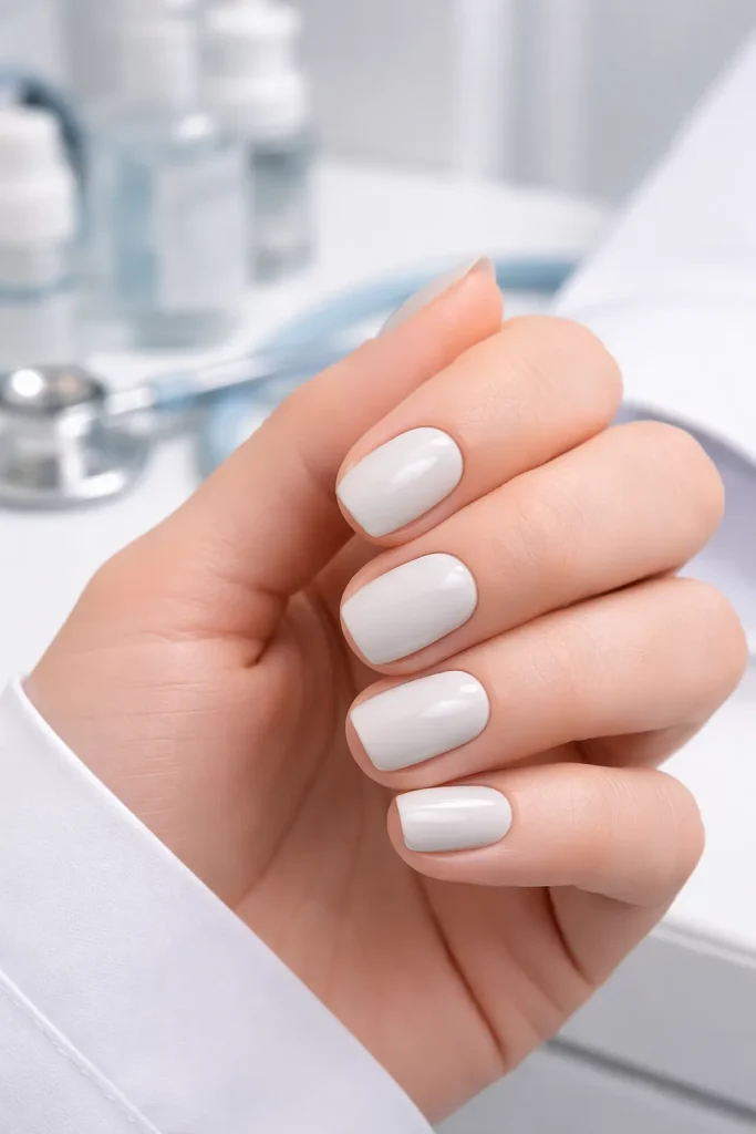 Modern pale grey nail polish on short nails in a clinical office