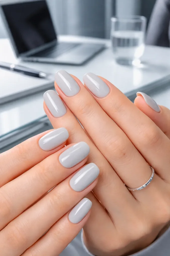Minimalist pale grey glossy manicure on well-groomed hands in a modern office