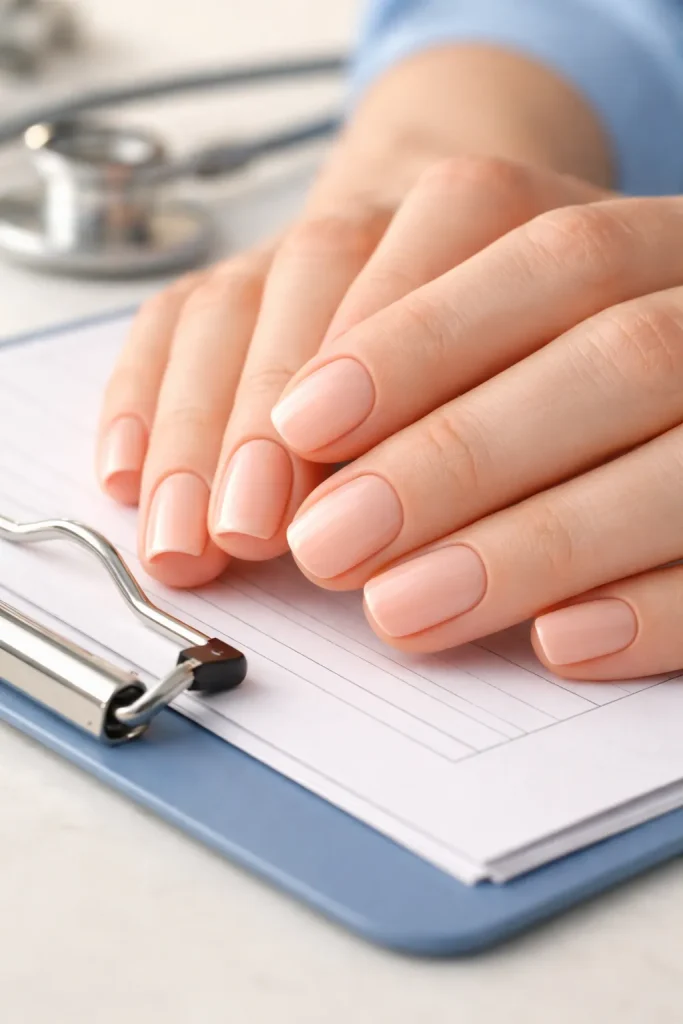 Hand with pale peach nail polish resting on a medical clipboard
