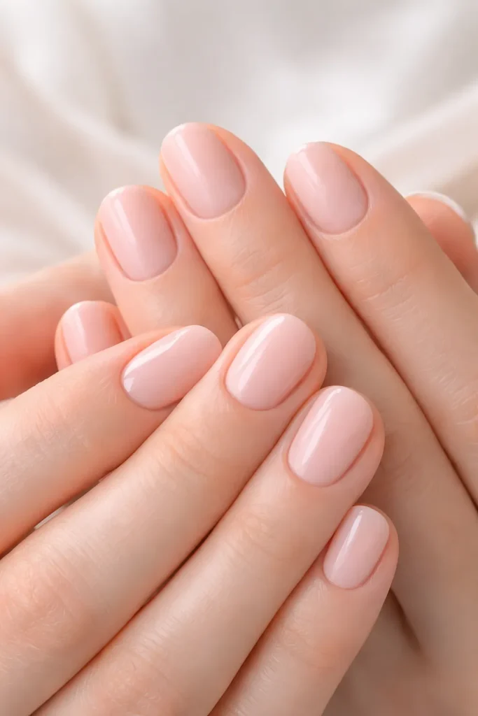 Barely-there pale pink nails for an understated and elegant wedding look