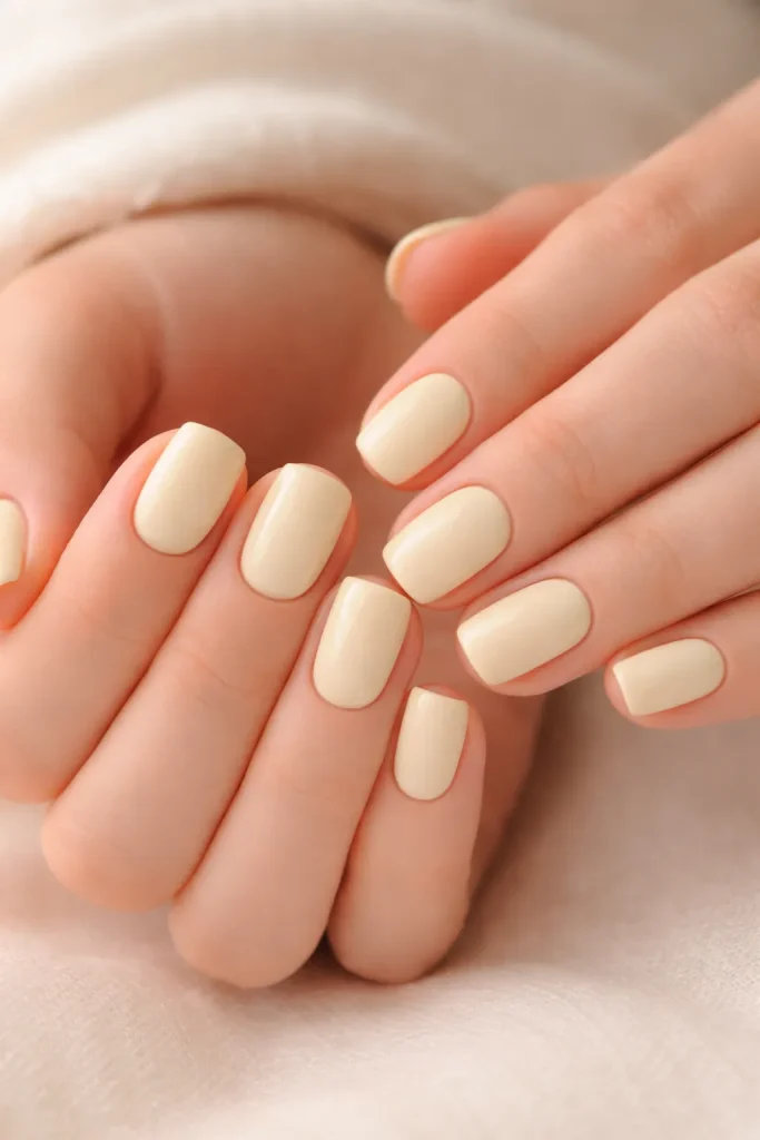 Soft cream yellow polish on short professionally manicured nails