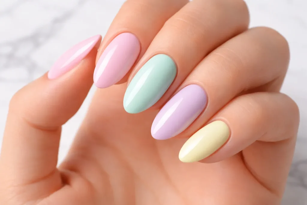 Almond shaped nails in soft pastel pink, mint green, and lavender on a white marble background.