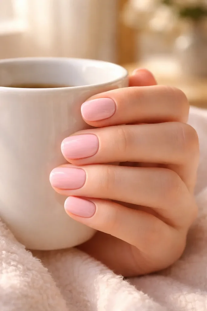 Soft pastel pink glossy nails on a hand holding a white mug