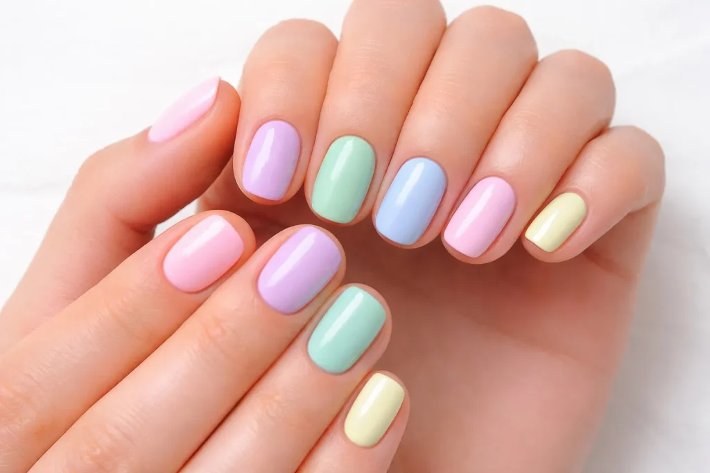 Close-up of hands with five different pastel nail colors like lavender and mint green.