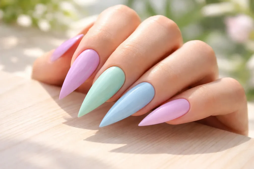 Multi-colored pastel stiletto nails in lavender, mint, and blue