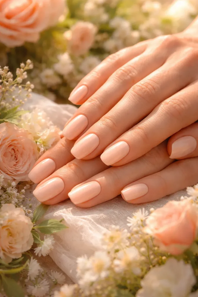 Warm peach cream nails on squoval shape for a summer wedding