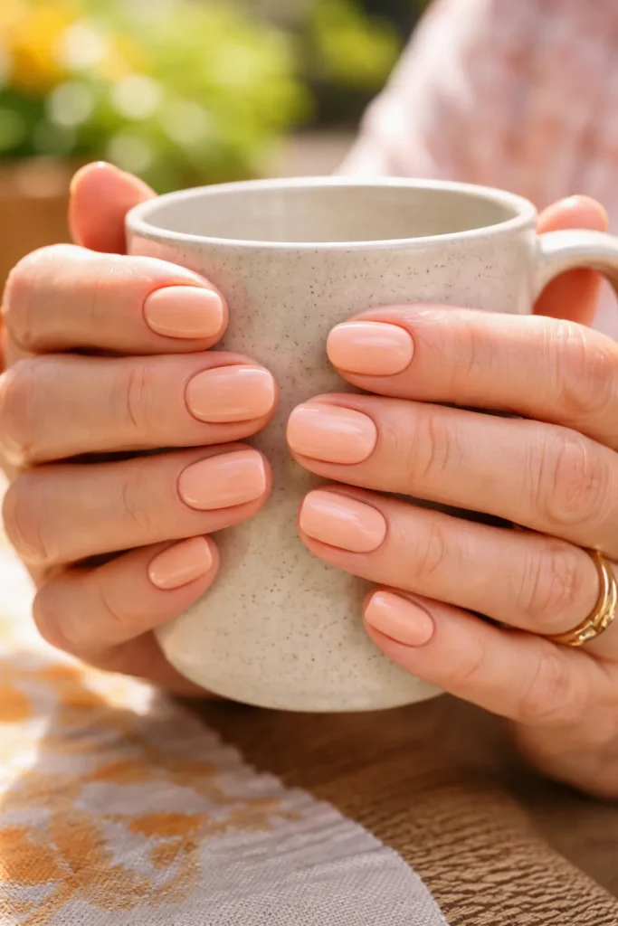 Warm soft peach nail polish on mature hands holding a mug