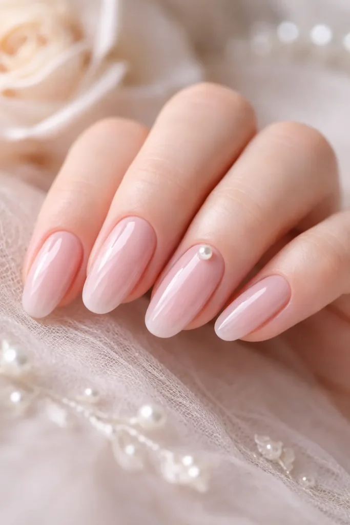 Sheer pink manicure featuring a tiny pearl accent at the base of the nail