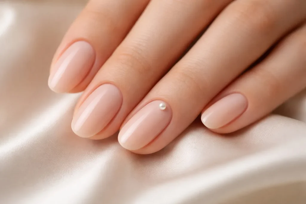 Nude bridal nails featuring a tiny pearl accent on the ring finger