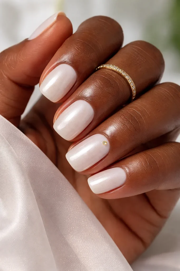 Creamy pearl white short nails on a Black woman's hand