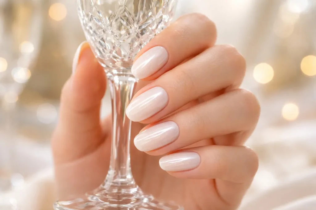 Shimmering pearl white nails with a soft iridescent glow on a woman's hand.