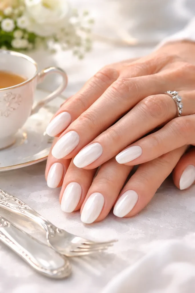Luminous pearl white nail polish on mature hands with silver accents