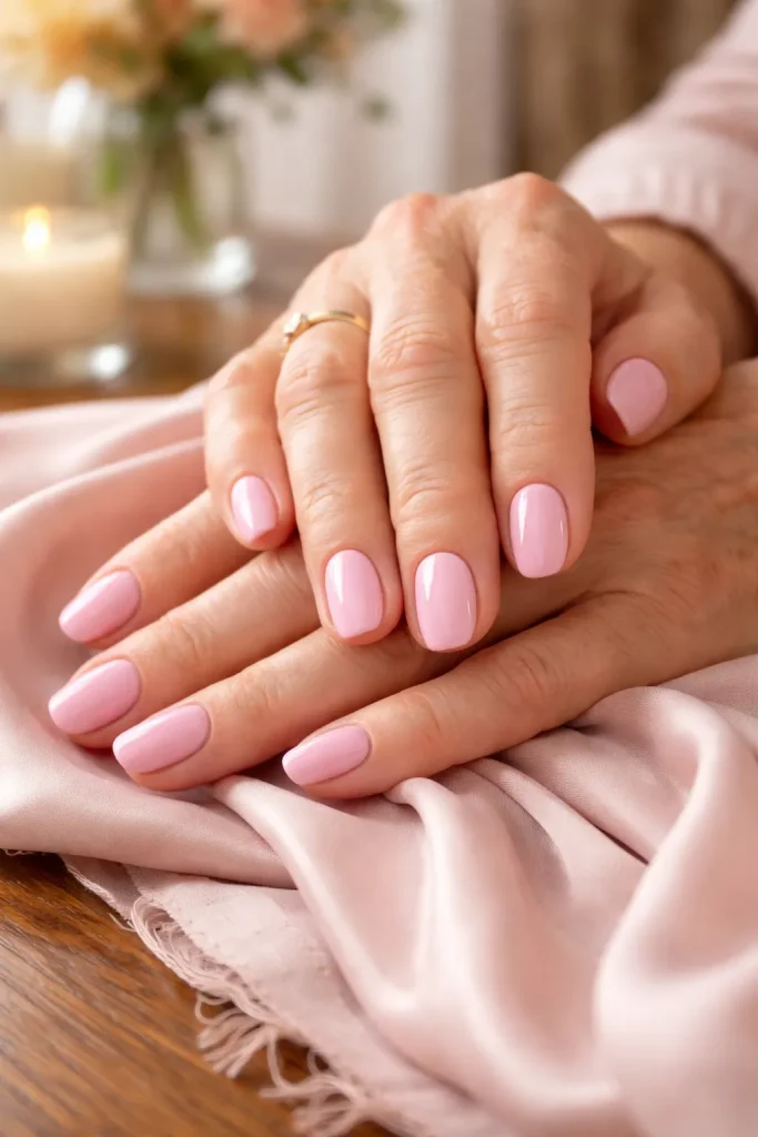 Mature hands with soft pink nail polish resting on a silk background