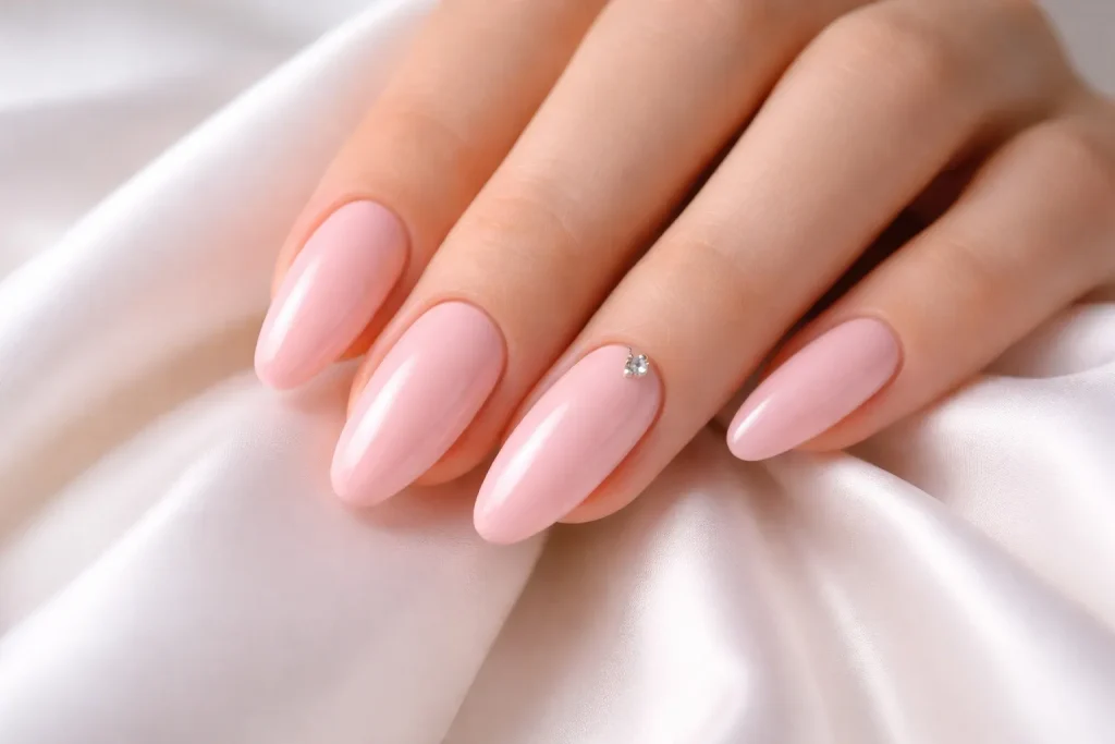 Soft pink princess nails with tiny rhinestone detail on silk background