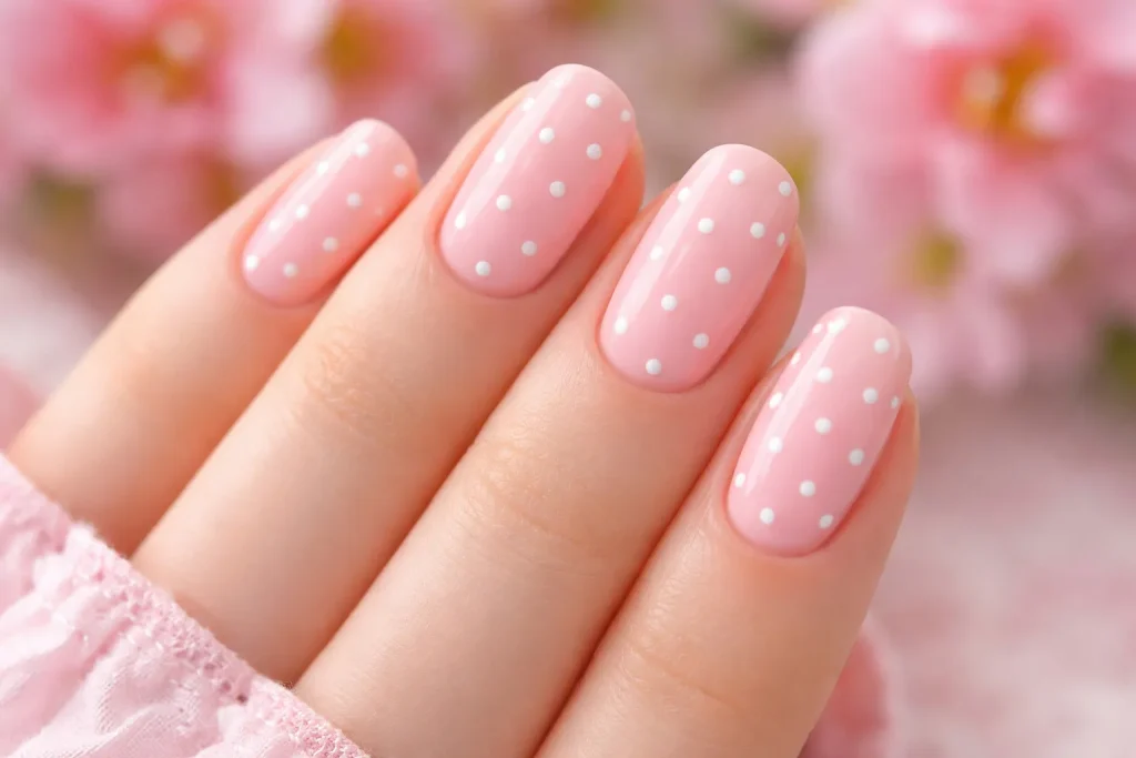 Small white polka dots on a glossy baby pink nail polish base.