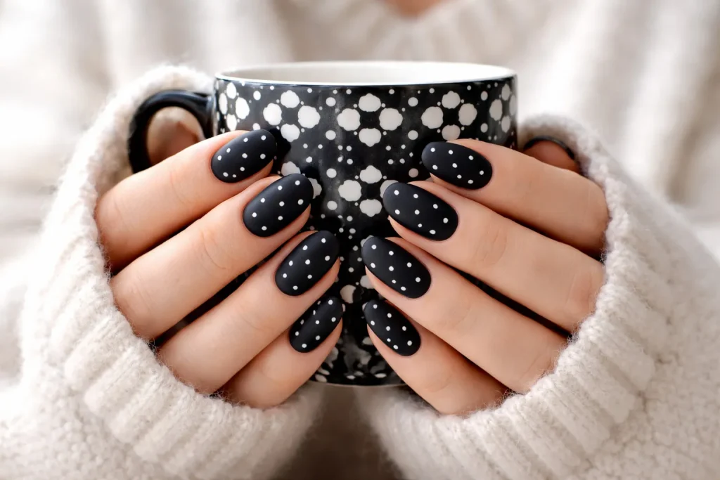 Matte black nails with white polka dots holding a pattern mug.