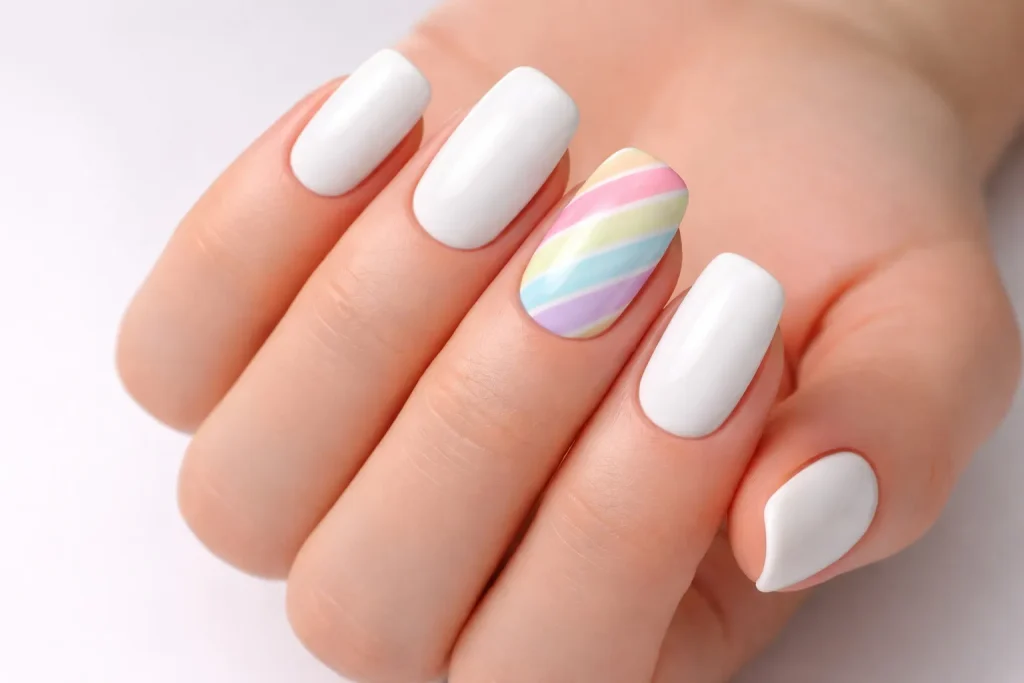 Clean white manicure with a colorful pastel rainbow accent design on the ring finger.