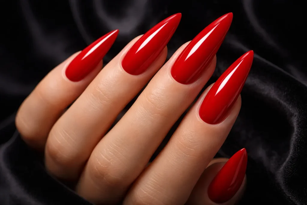 Classic true red stiletto nails with a high shine finish against a dark background