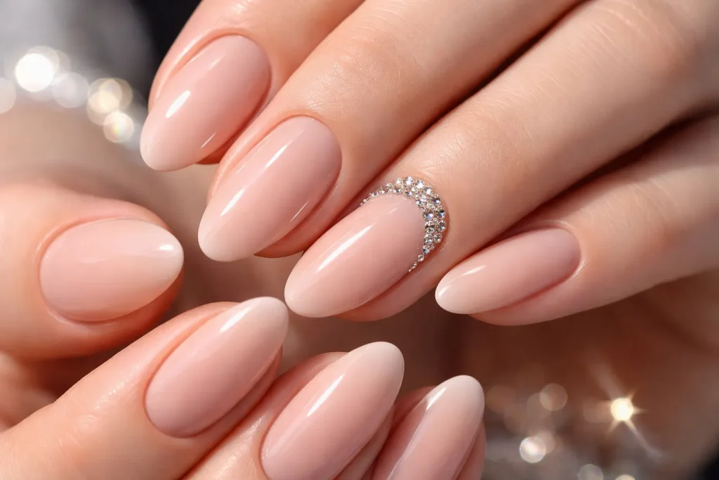 Neutral nails with a rhinestone accent design on the ring finger