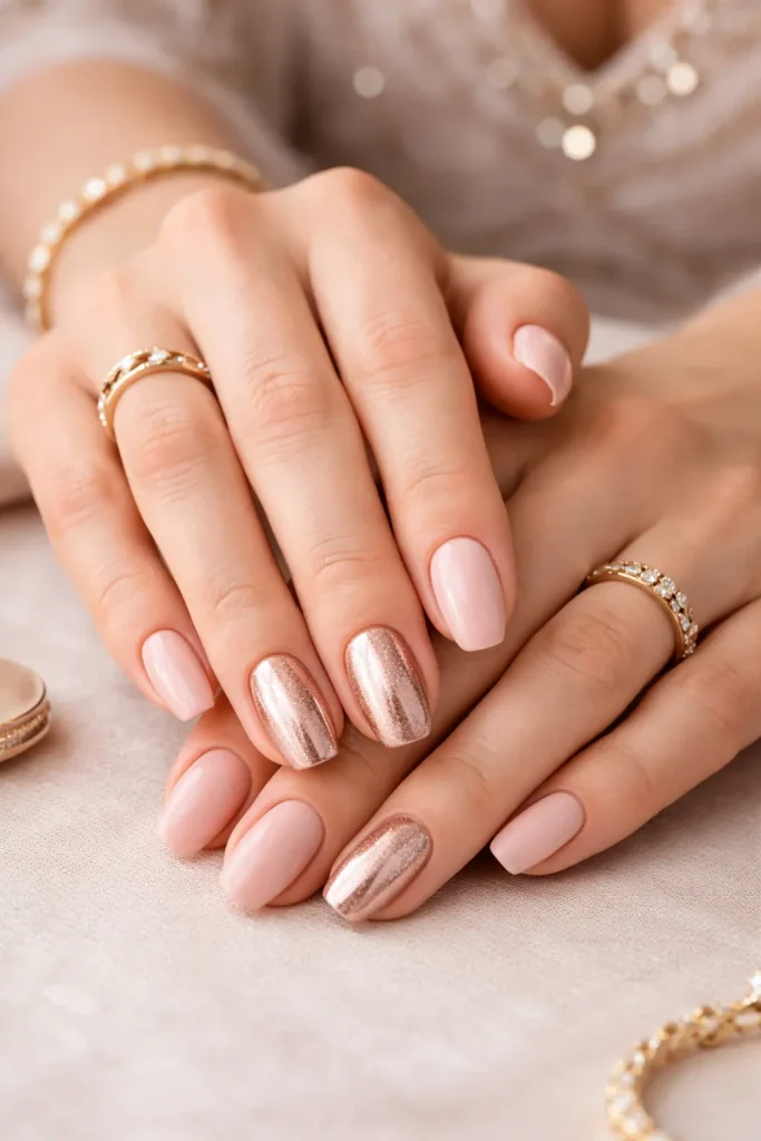 Nude nails with a rose gold metallic accent nail on the ring finger