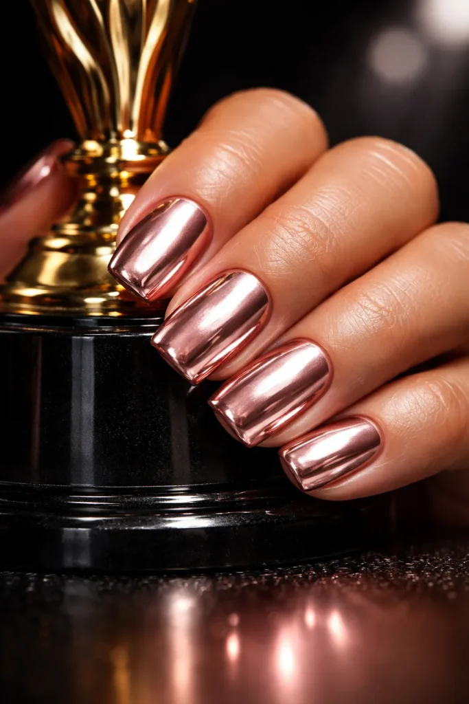 Shiny rose gold chrome nails resting on a trophy