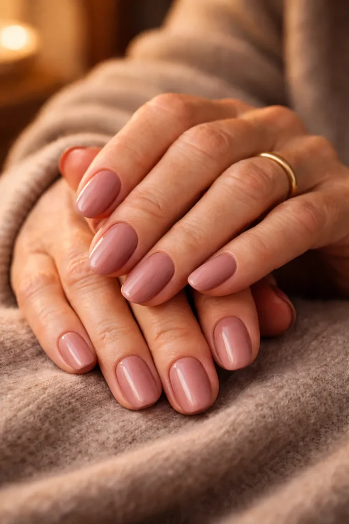 Dusty rose pink nail polish on mature hands with a cozy sweater