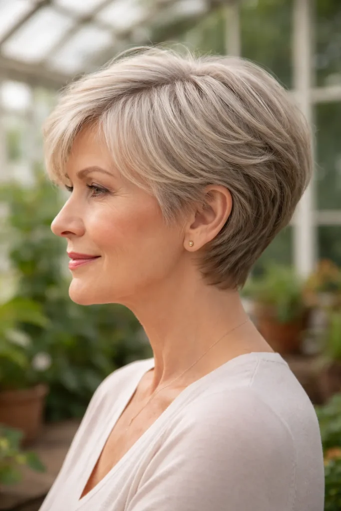 Feminine rounded crop haircut on an older woman with soft curved edges