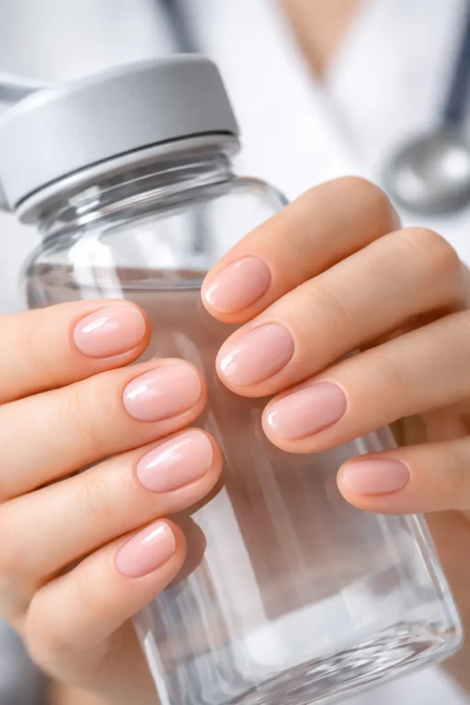 Perfectly rounded short nails with a sheer pink gloss finish