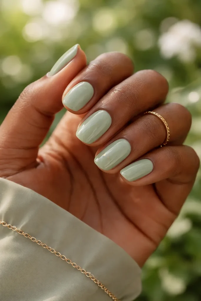 Muted sage green short nails on a Black woman