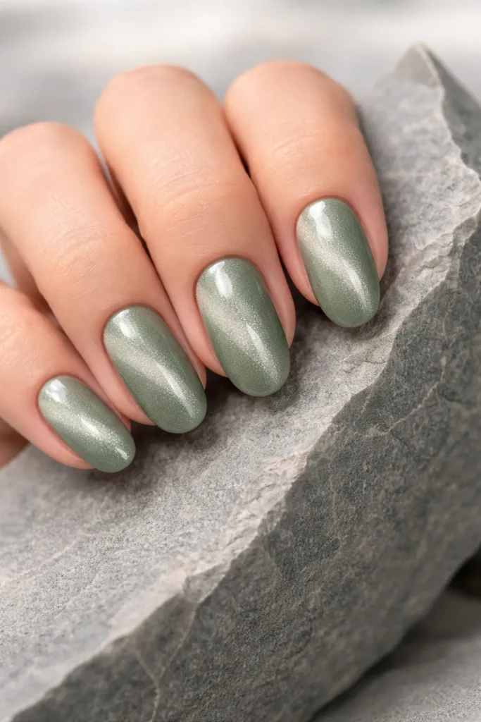 Muted sage green cat eye nails with a soft magnetic shimmer on rounded nails.