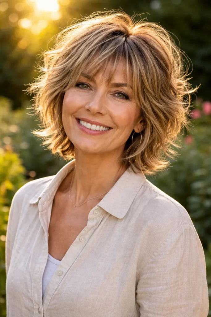 Older woman with a short shag haircut and soft wispy bangs in a garden