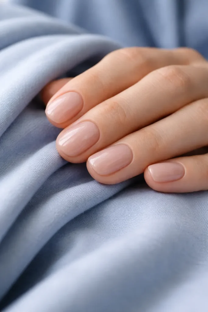 High gloss sheer nude nail polish on short professional nails
