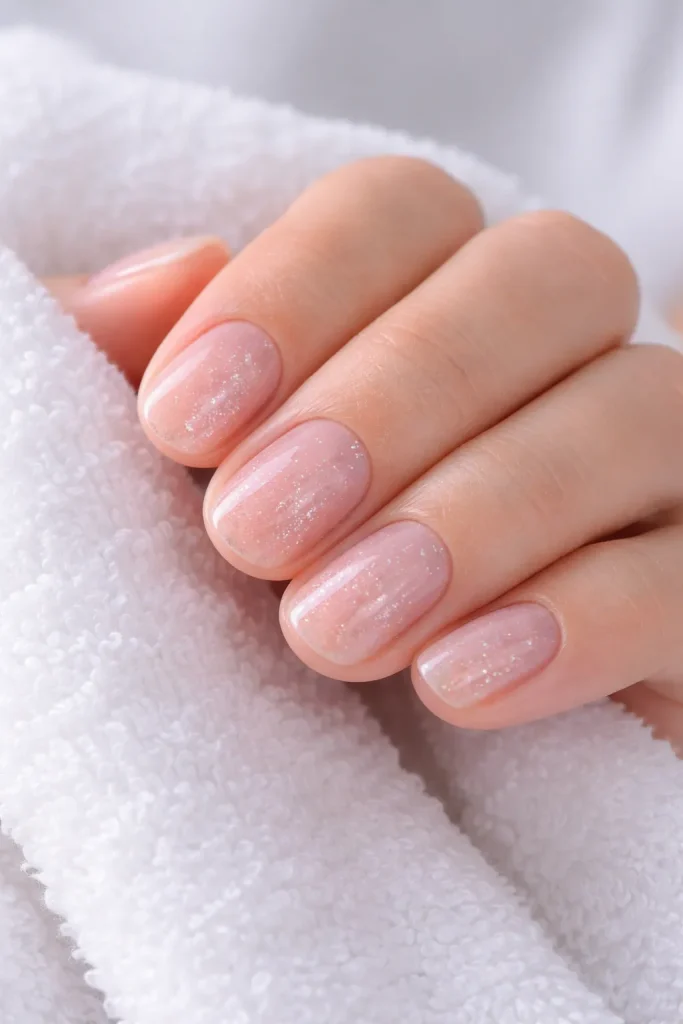 Sheer pink nails with subtle silver glitter shimmer