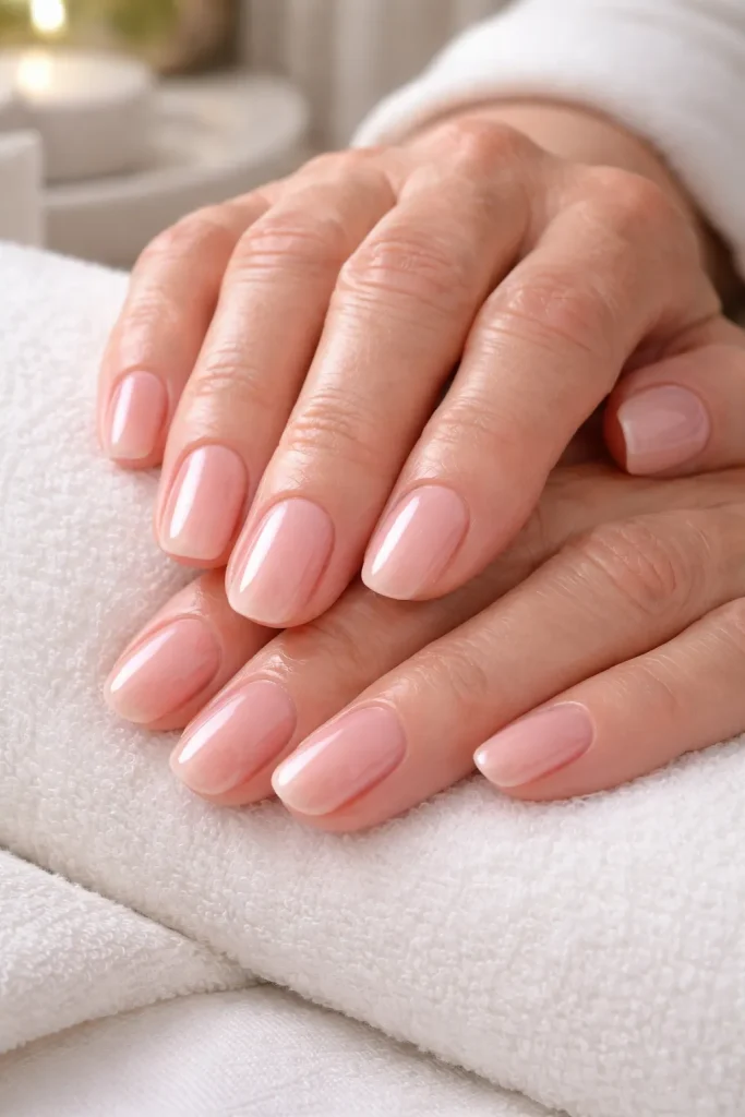 High-gloss sheer pink nail polish for a natural look on mature hands