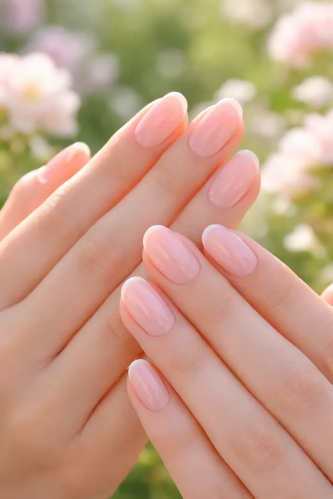 Natural looking sheer milky pink nails on a soft feminine hand