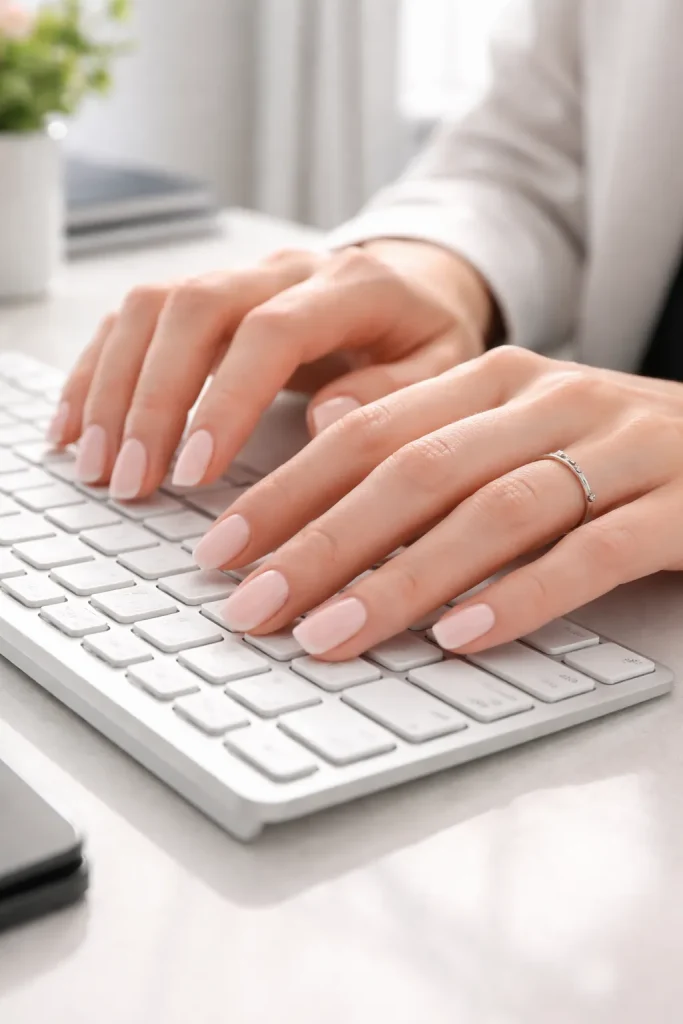 Clean and natural looking sheer pink manicure on short rounded nails for work