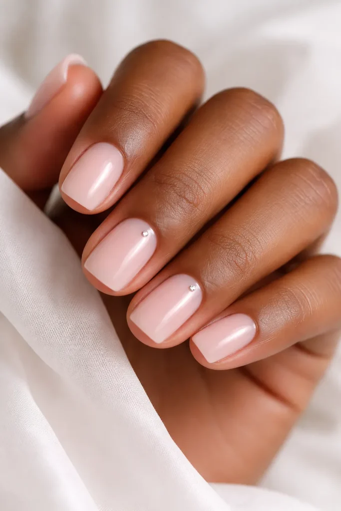 Sheer pink natural nails with a single small rhinestone
