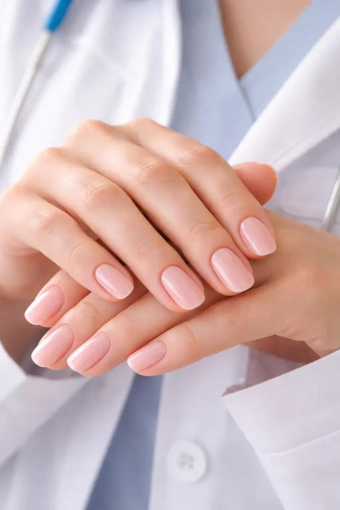 Translucent sheer rose polish on short nails against a white lab coat