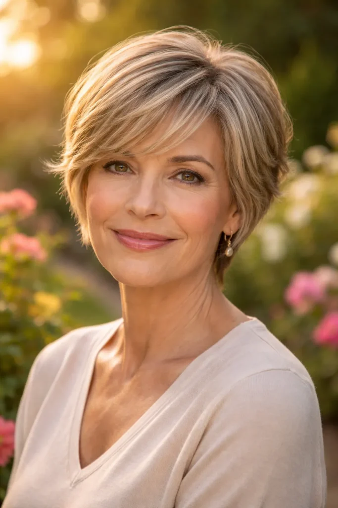 Older woman with a short haircut and long side-swept bangs