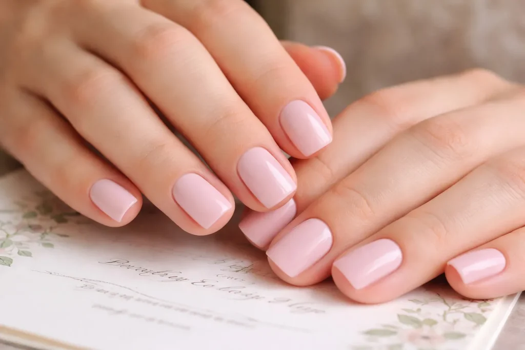 Practical short square nails with soft pink polish