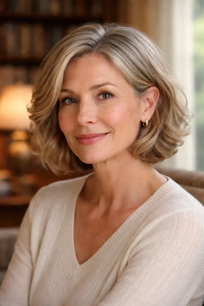Mature woman with an ear-length wavy bob tucked behind her ear