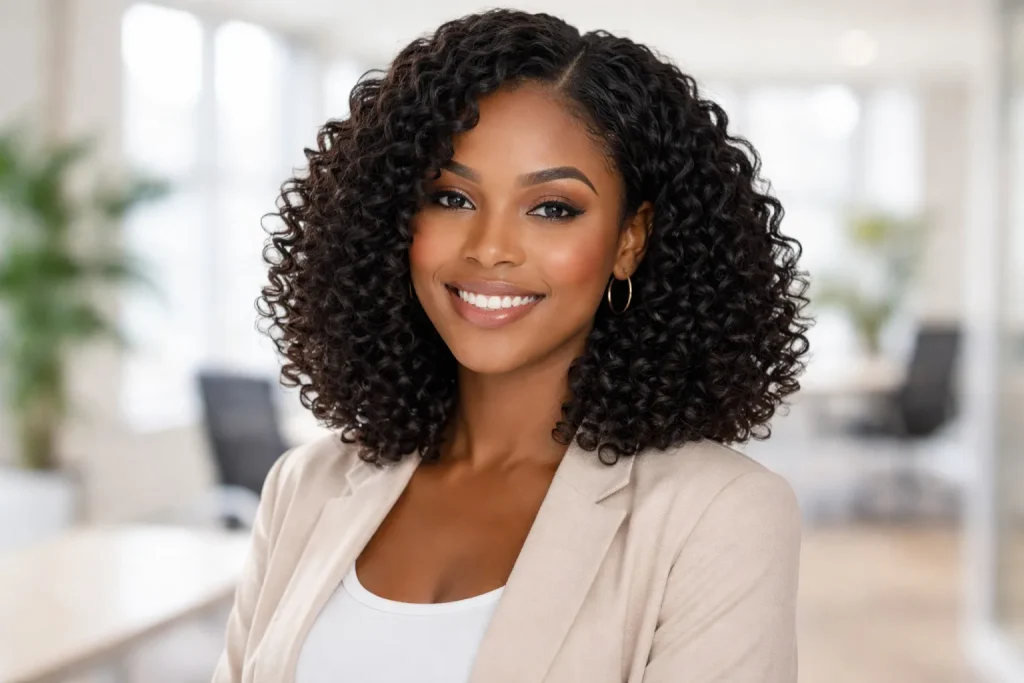 Shoulder-length curly crochet hairstyle framing the face