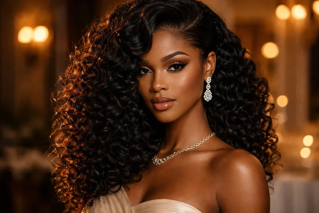 Deep side part curly crochet hair with dramatic volume