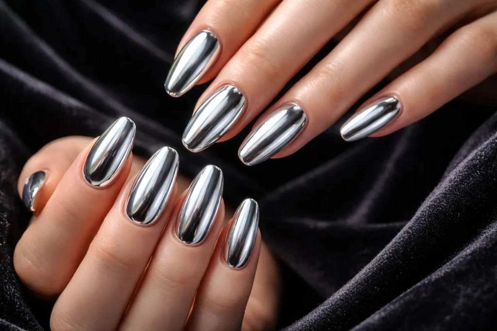 High shine reflective metallic silver chrome nails on dark velvet.