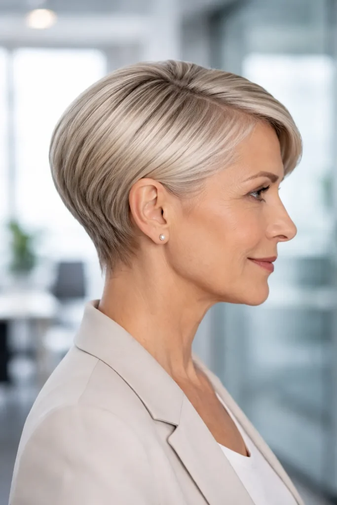 Older woman with a sleek short cut featuring smooth straight hair