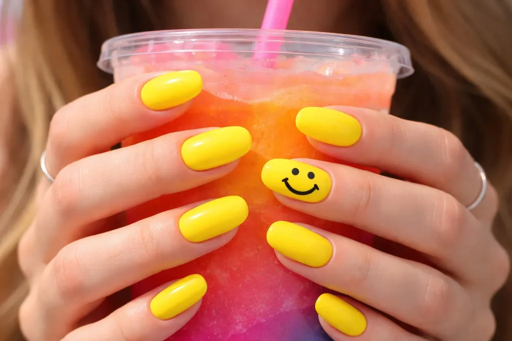 Bright yellow nails with a single black smiley face on the ring finger.