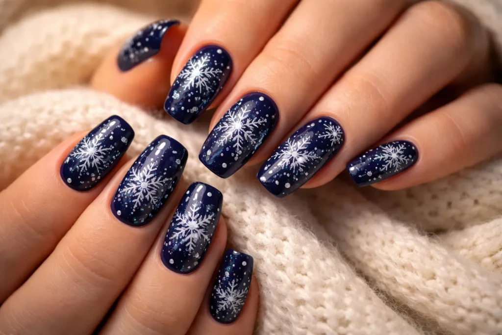 Navy blue nails with detailed white hand painted snowflakes.
